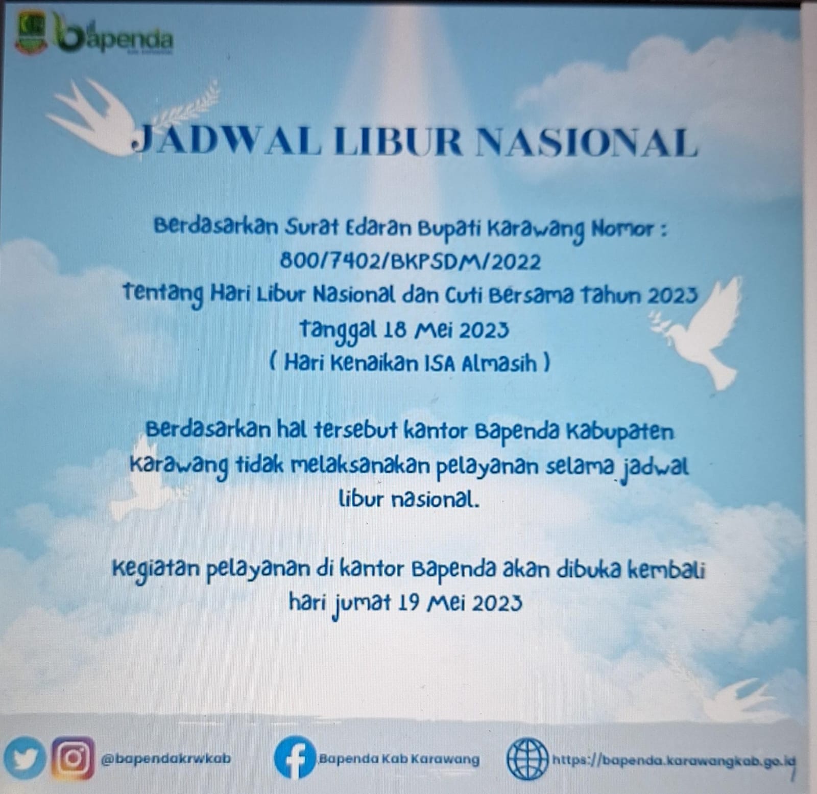 Jadwal Libur Nasional dan Cuti Bersama Bapenda Karawang Tahun 2023