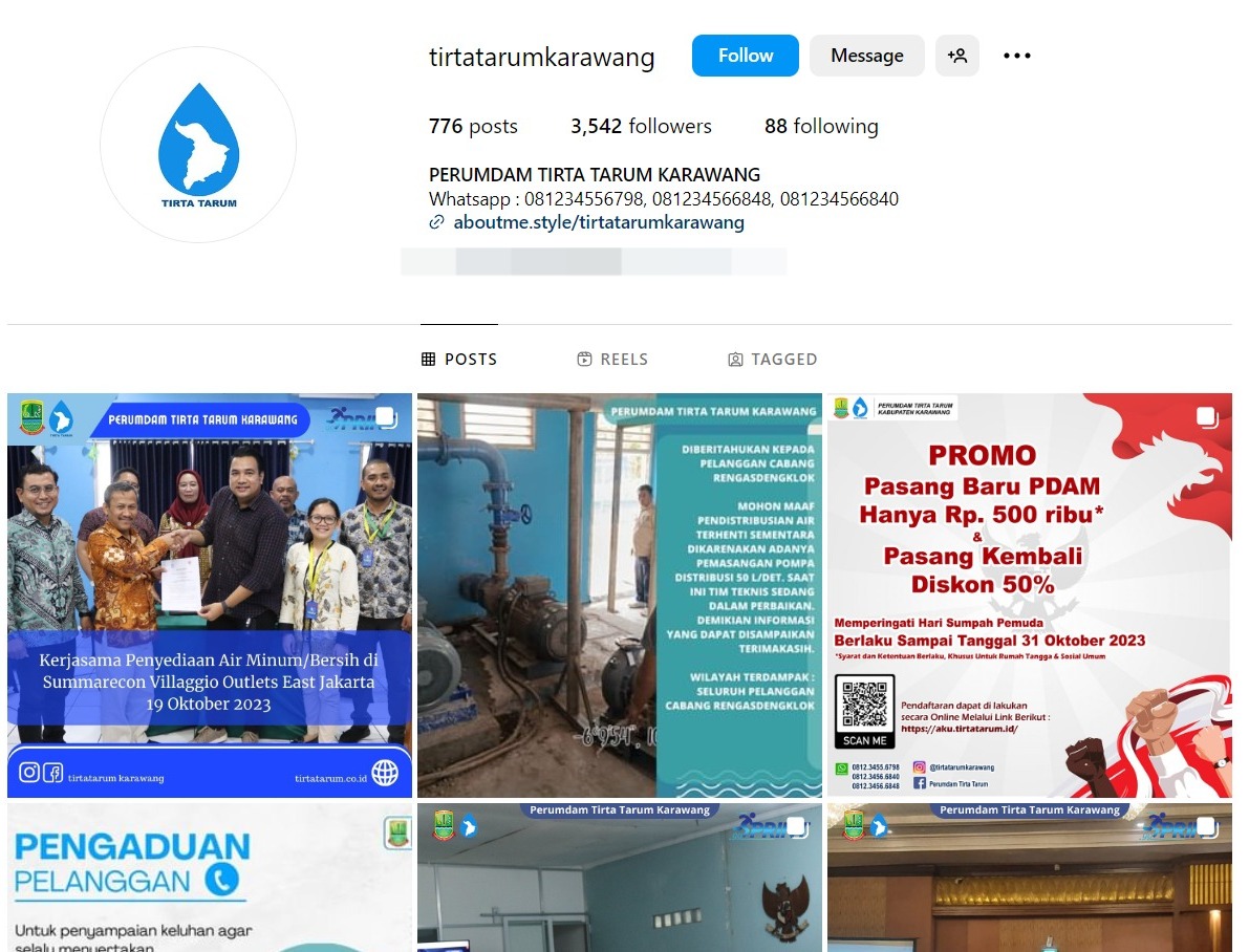 Gercep, Layanan Pengaduan Pelanggan Perumdam Tirta Tarum, Bisa Lewat Instagram