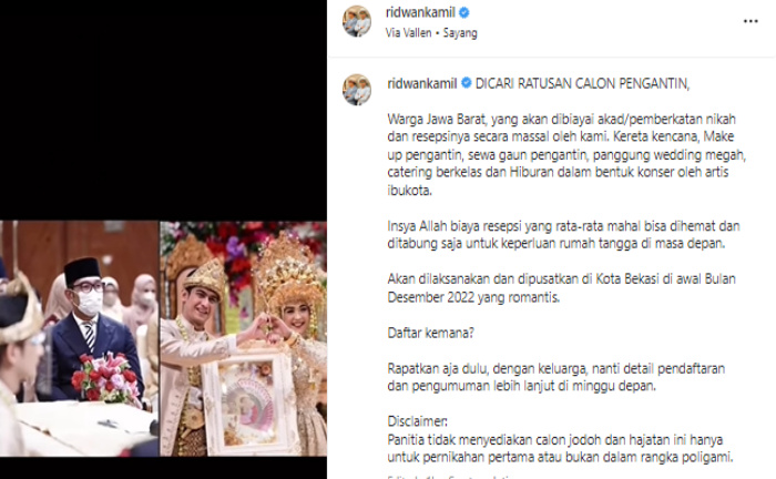 Bingung Soal Biaya Nikah, Gubernur Jabar Sedang Cari 100 Pasangan untuk Dinikahkan!