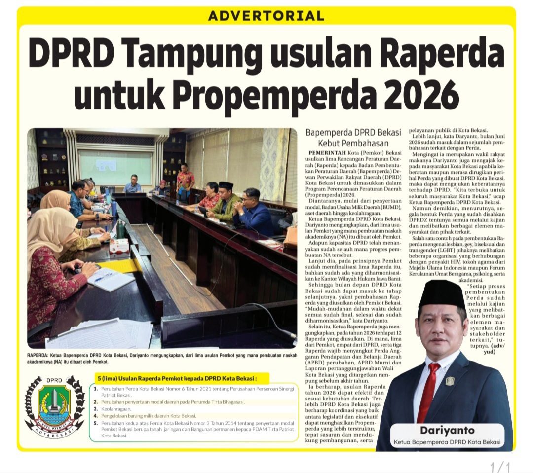 DPRD Kota Bekasi Tampung Usulan Raperda untuk Propemperda 2026
