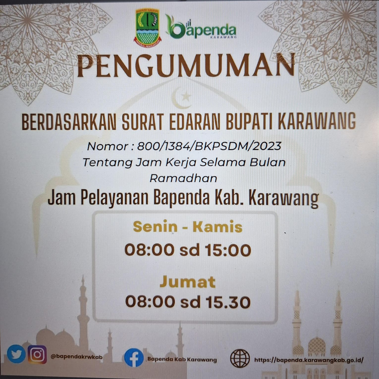 Simak Jam Kerja Bapenda Karawang Selama Bulan Ramadhan 