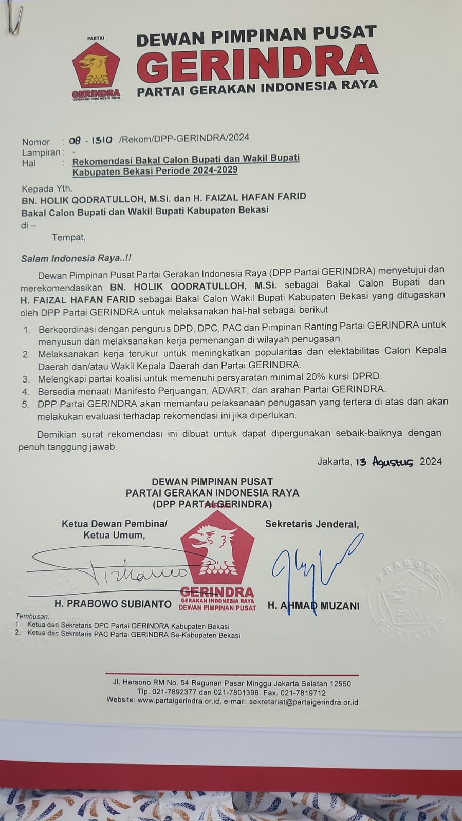 Partai Gerindra Usung BN. Holik Qodratullah dan H. Faizal Hafan Farid di Pilbup Bekasi