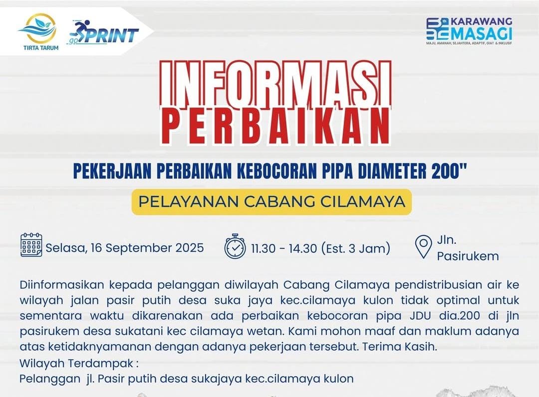 Perumdam Tirta Tarum Perbaiki Kebocoran Pipa 200 di Cilamaya, Distribusi Air Terganggu Sementara