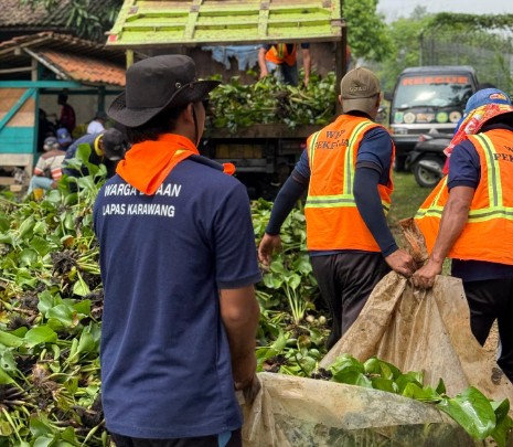 9 Warga Binaan Asimilasi Lapas Karawang Bersihkan Eceng Gondok di Anggadita