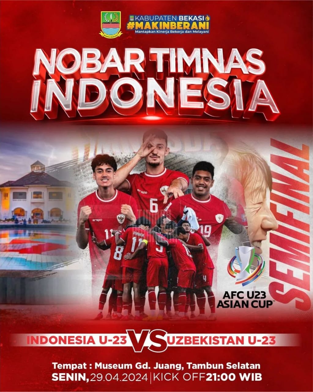 Pemkab Bekasi Gelar Nobar Semifinal Timnas Indonesia vs Uzbekistan, Catat Lokasi dan Waktunya