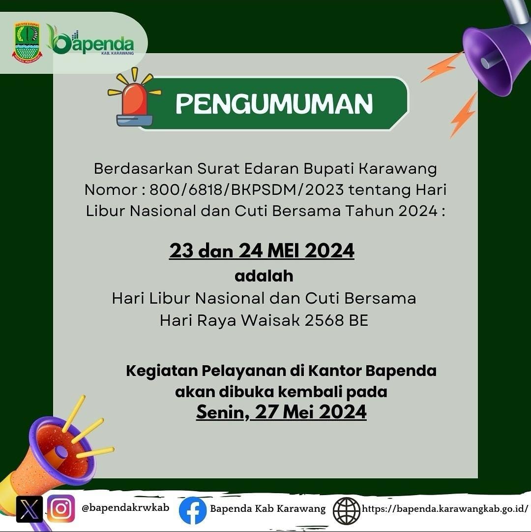 Pengumuman Layanan Bapenda Karawang Terkait Hari Libur Nasional dan Cuti Bersama Hari Raya Waisak