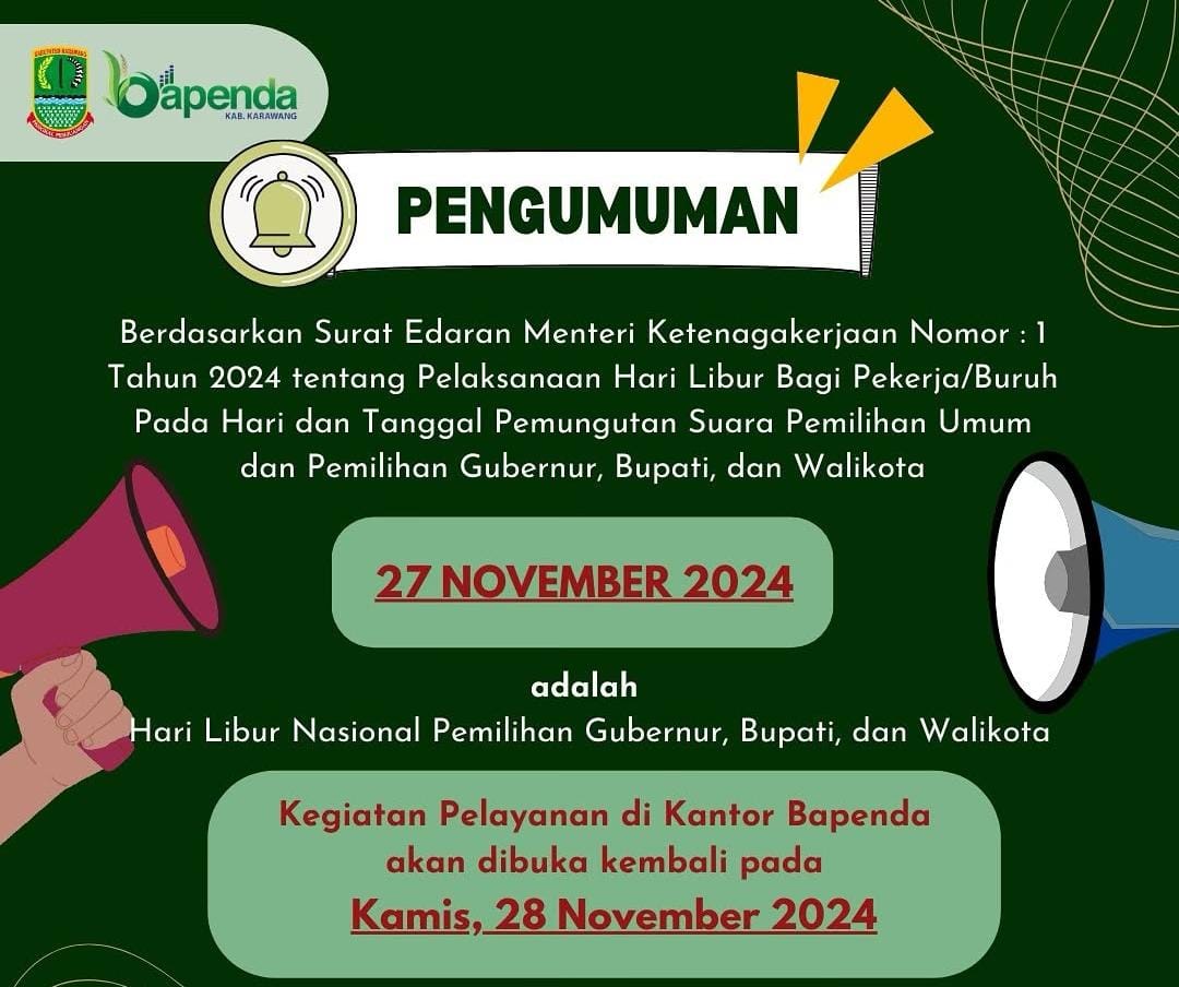 Bapenda Karawang Libur pada 27 November 2024 untuk Mendukung Pilkada Serentak