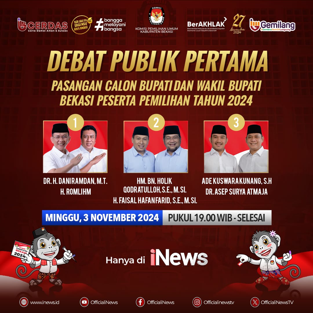 Tiga Calon Bupati Bekasi Siap Adu Gagasan di Debat Perdana Pilkada 2024 Malam Ini, Disiarkan di TV Nasional