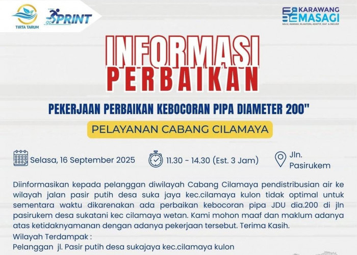 Perumdam Tirta Tarum Perbaiki Kebocoran Pipa 200 di Cilamaya, Distribusi Air Terganggu Sementara