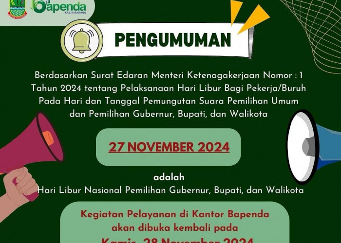 Bapenda Karawang Libur pada 27 November 2024 untuk Mendukung Pilkada Serentak