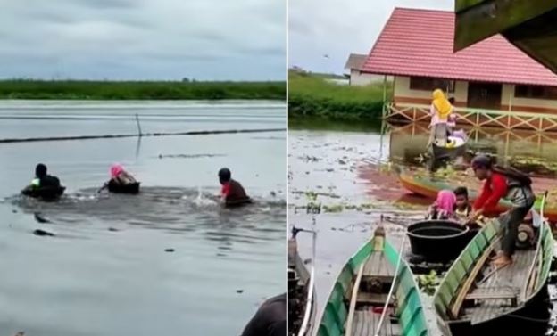 Miris! Sekolah Terendam Banjir, Siswa SDN Sungai Buluh Terpaksa Pakai Baskom Lewati Rawa