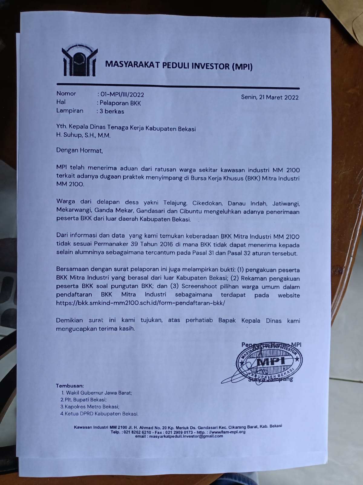 Imbas Dugaan Pungutan, BKK Mitra Industri MM 2100 Resmi Dilaporkan ke Disnaker