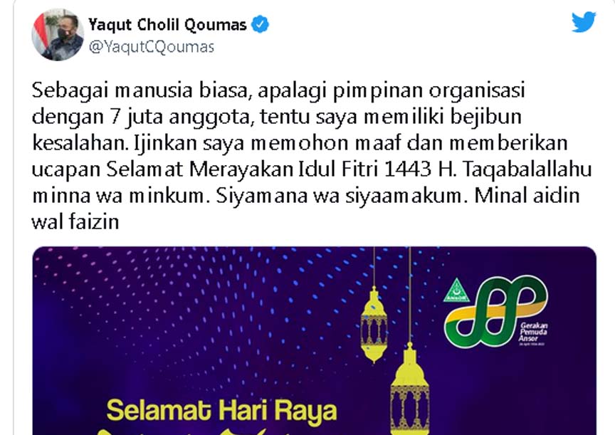 Menag Yaqut Tuai Hujatan Lagi, Kali Ini Karena Narasi 7 Juta Anggota GP Ansor di Ucapan Lebaran